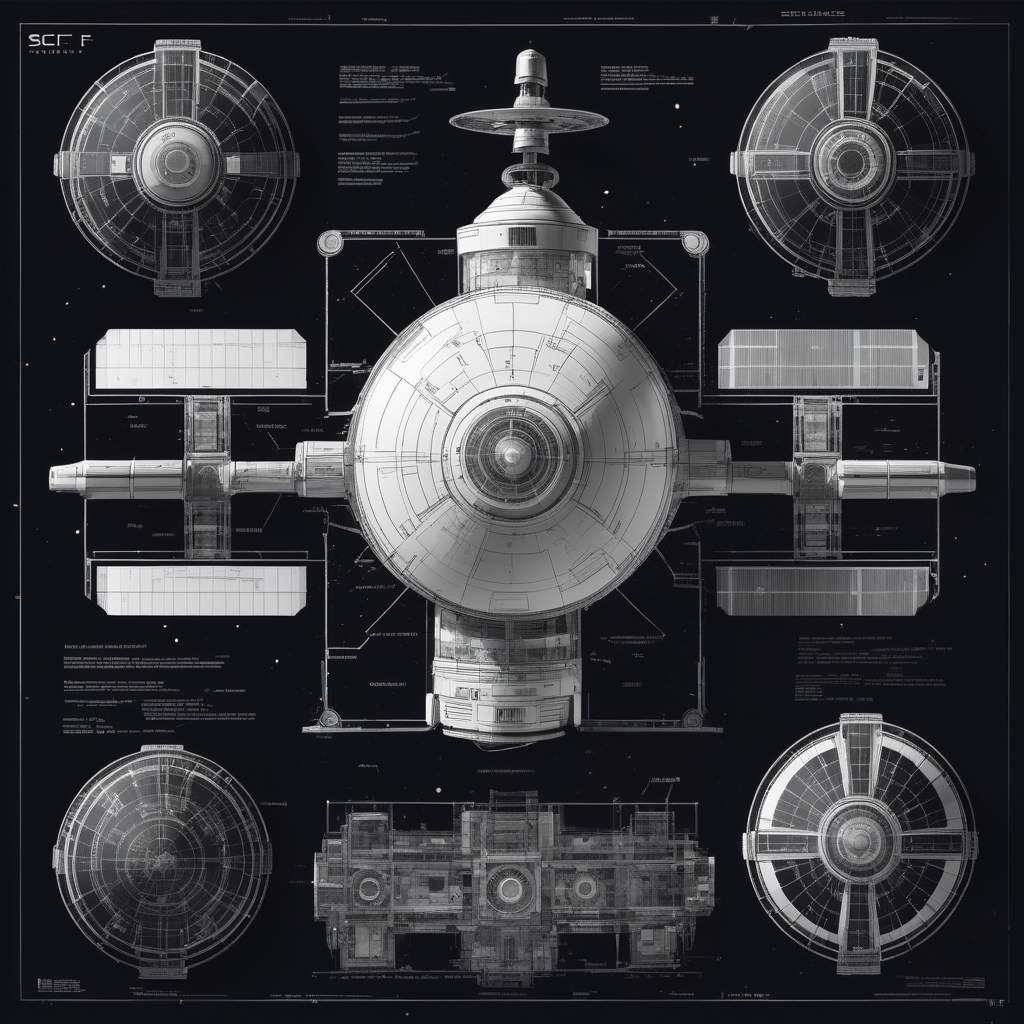 highly detailed black and white blueprints of sci-fi satellite 