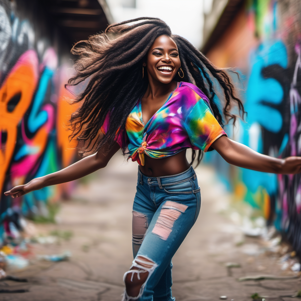 Beautiful young dark skin black woman with long flowing hair and bright colorful flowing clothes, looks back playfully at camera with smile while dancing in graffiti art style