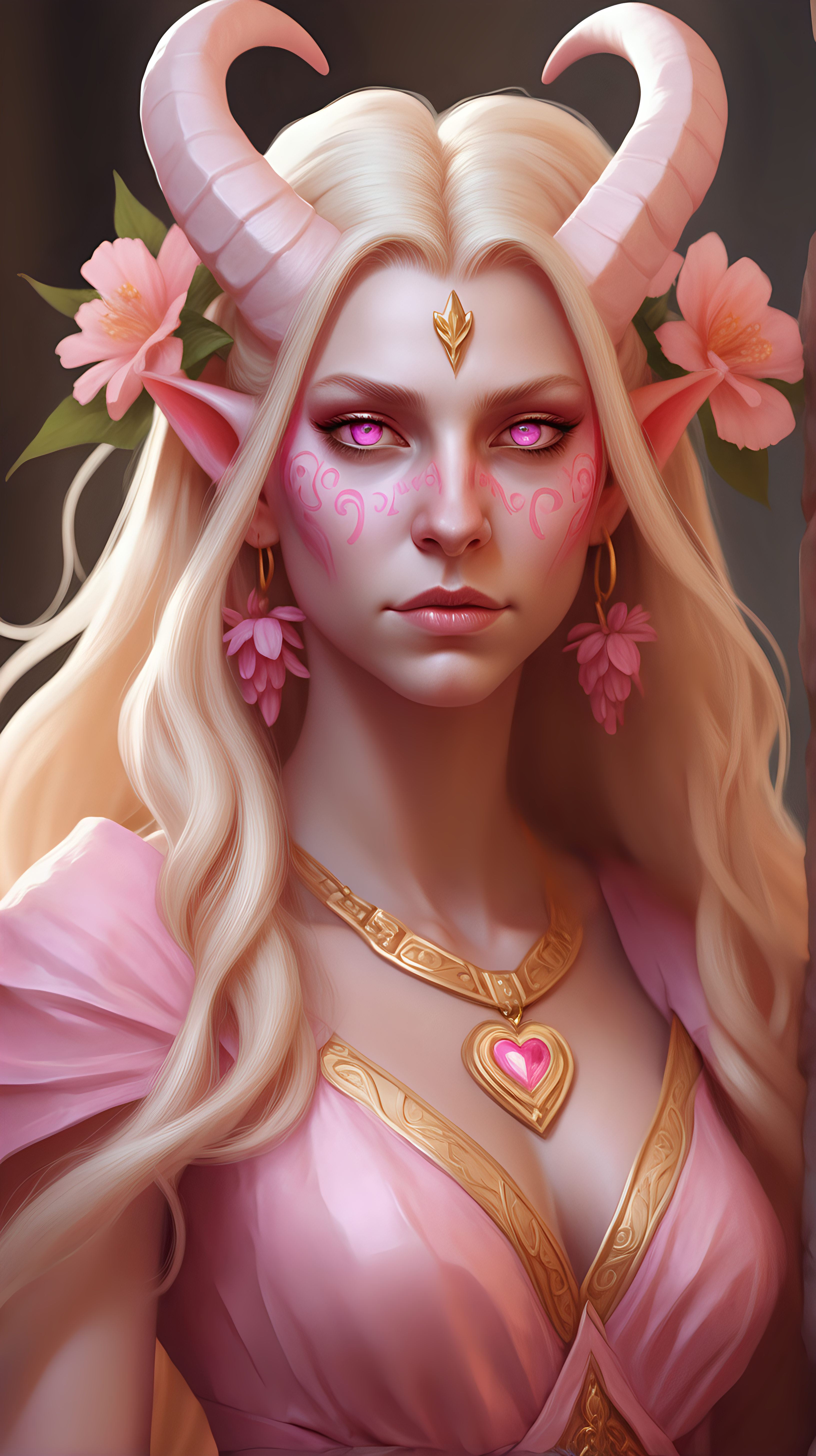 Tiefling woman with pink skin. She has white horns that meet at the top of her head to form a heart. She has light pink eyes. She has light blonde eyelashes. Her eyelashes are not black. She has blonde long hair with a orange tint. She is wearing a pink Greek-style dress with lots of flowers. She is wearing gold jewelry. She is holding a bouquet of pink flowers. She has an annoyed expression. 
