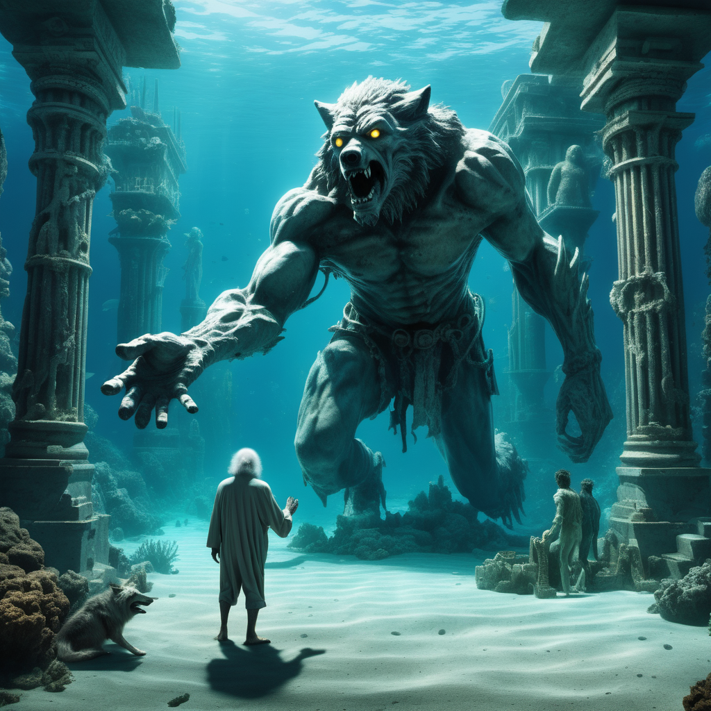 Deep Underwater City's  ruins of Atlantis.  in foreground a front view of a  Wolfman  holding the hand of a sick lost old man 