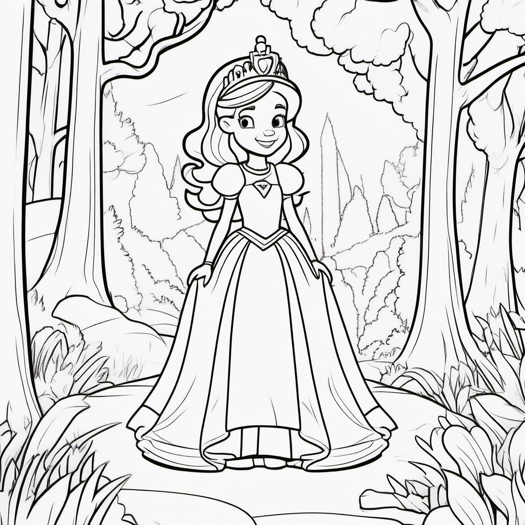 coloring pages for kids, princess in front of a forest, cartoon style, thick lines, low detail, no shading, add Emily in bubble letters at the bottom of the page --ar 9:11