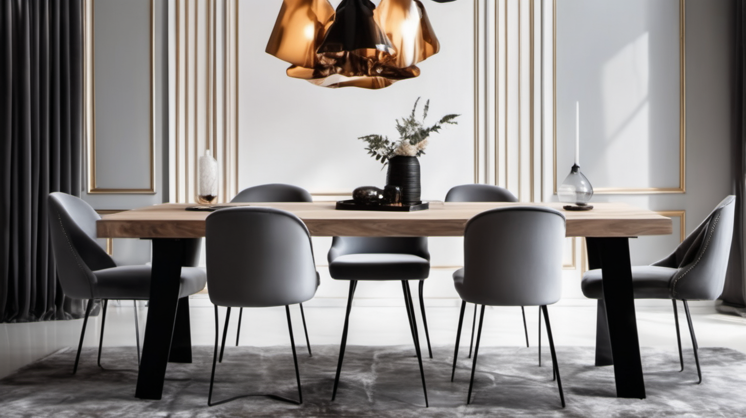 one cozy Interior with table wood with resin. table which metal black legs, make a gray velvet six chair by the table, on table set decoration. Above table set glass lamp luxury