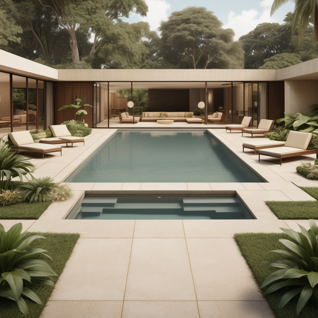 a hyperrealistic image of a large open midcentury