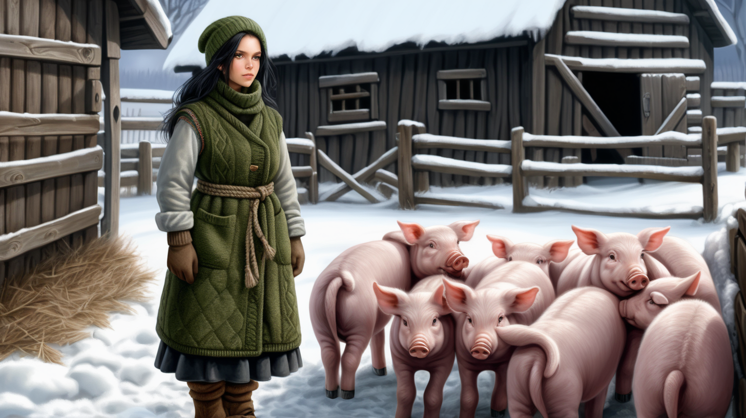 A beautiful peasant woman with long black hair and green eyes works in the pen in front of the barn. Around her are piglets - small and pink. Everything is in mud. The barn is surrounded by a fence of old wooden posts and wire mesh. It's winter, everything is covered with a thick layer of snow. Mud and snow mix. The peasant woman has put on low to the ankle rubber boots on her feet. Brown coarsely knitted woolen socks stick out from them - up to the middle of the leg and. On top of them, to keep her warm, she has put on green - brown, very wrinkled and crumpled woolen knitted gaiters. It is worn with thick elastic leggings, over it there is a shotr knitted skirt in black and brown. A chunky brown-gray wool sweater with a chin-high collar is snug around her. over it she wore an off-white furry sleeveless sweater with a triangle neckline. Above all this is a short  quilted waistcoat in green which is unbuttoned. On his head he wears a thick knitted woolen gray hat - an ushanka. He also has a thick scarf sloppily draped around his neck. He also wears gray knitted woolen fingerless gloves. across the waist, a thin hemp rope is wrapped 2-3 times, which he uses for a belt.