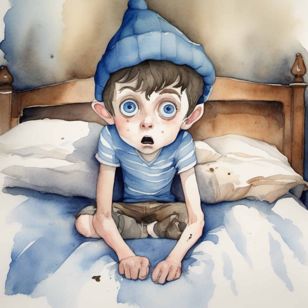 A water Colour painting of a frightened boy pixie, young, darkhaired, blue eyed wearing an acorn hat underneath a bed

