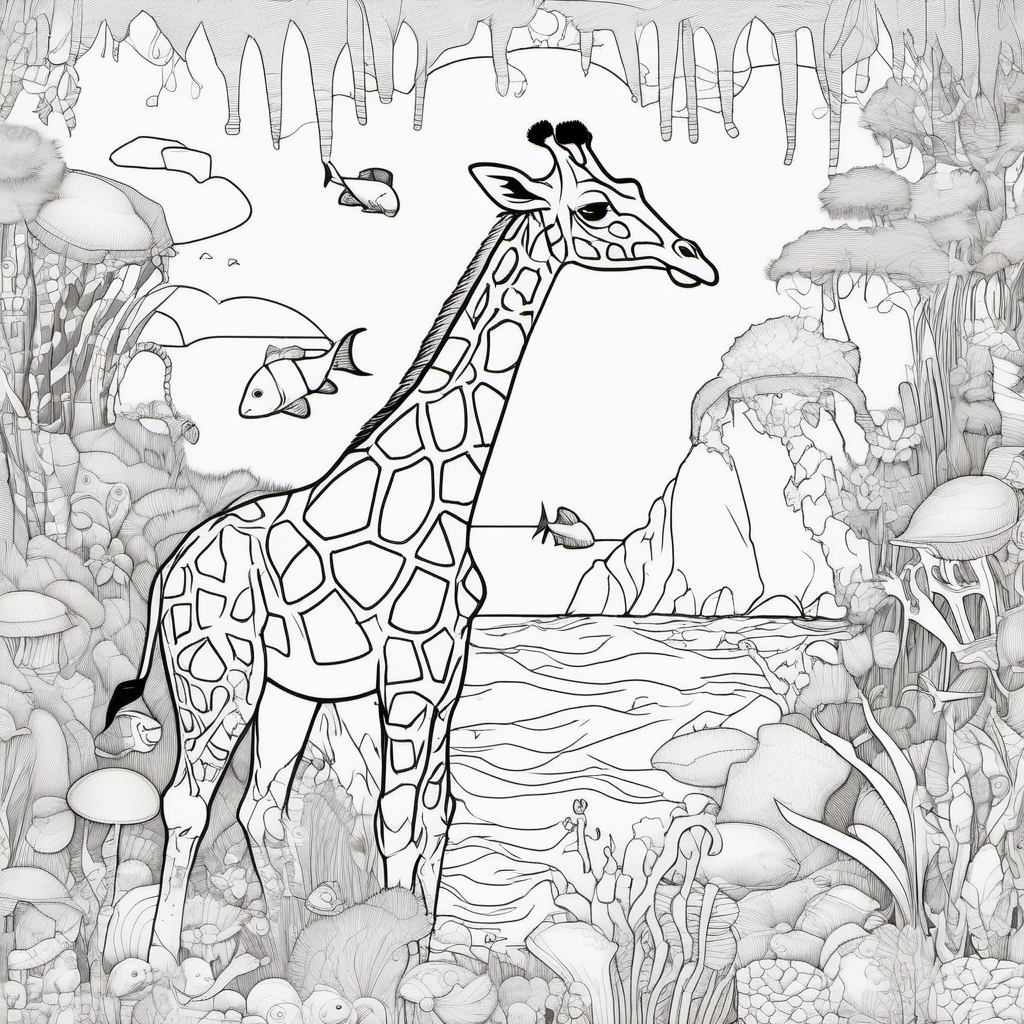 Imagine colouring page for kids Giraffe Underwater Wonderland