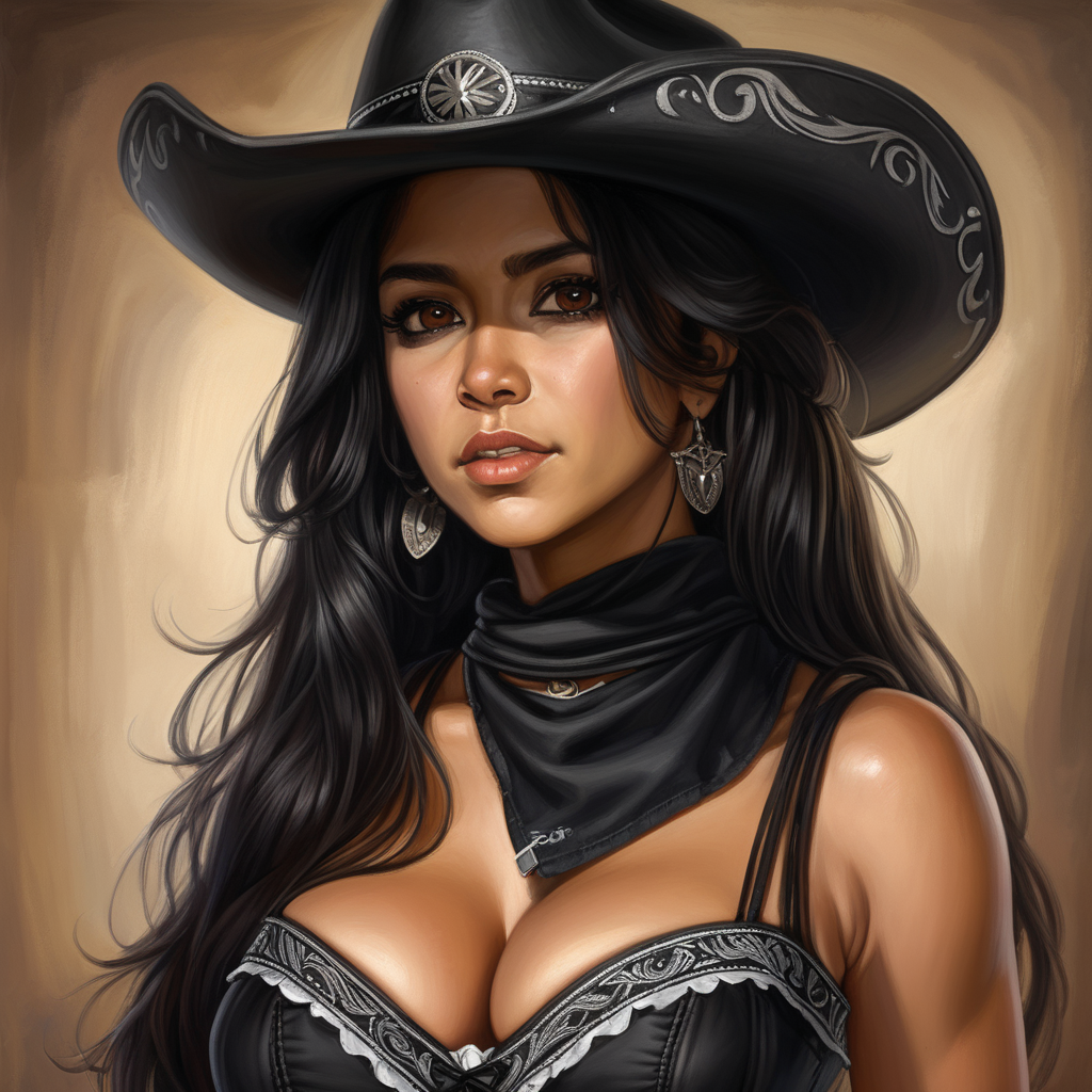 black cowboy hat, black hair, long hair, brown eyes, Latina, female, western, black corset, mature, black bandana around neck, semi realism, mature woman