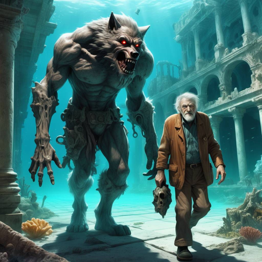  a kind Wolfman  walking side by with  a  frail crippled sick lost old man.  In background the deep underwater city's  ruins of Atlantis