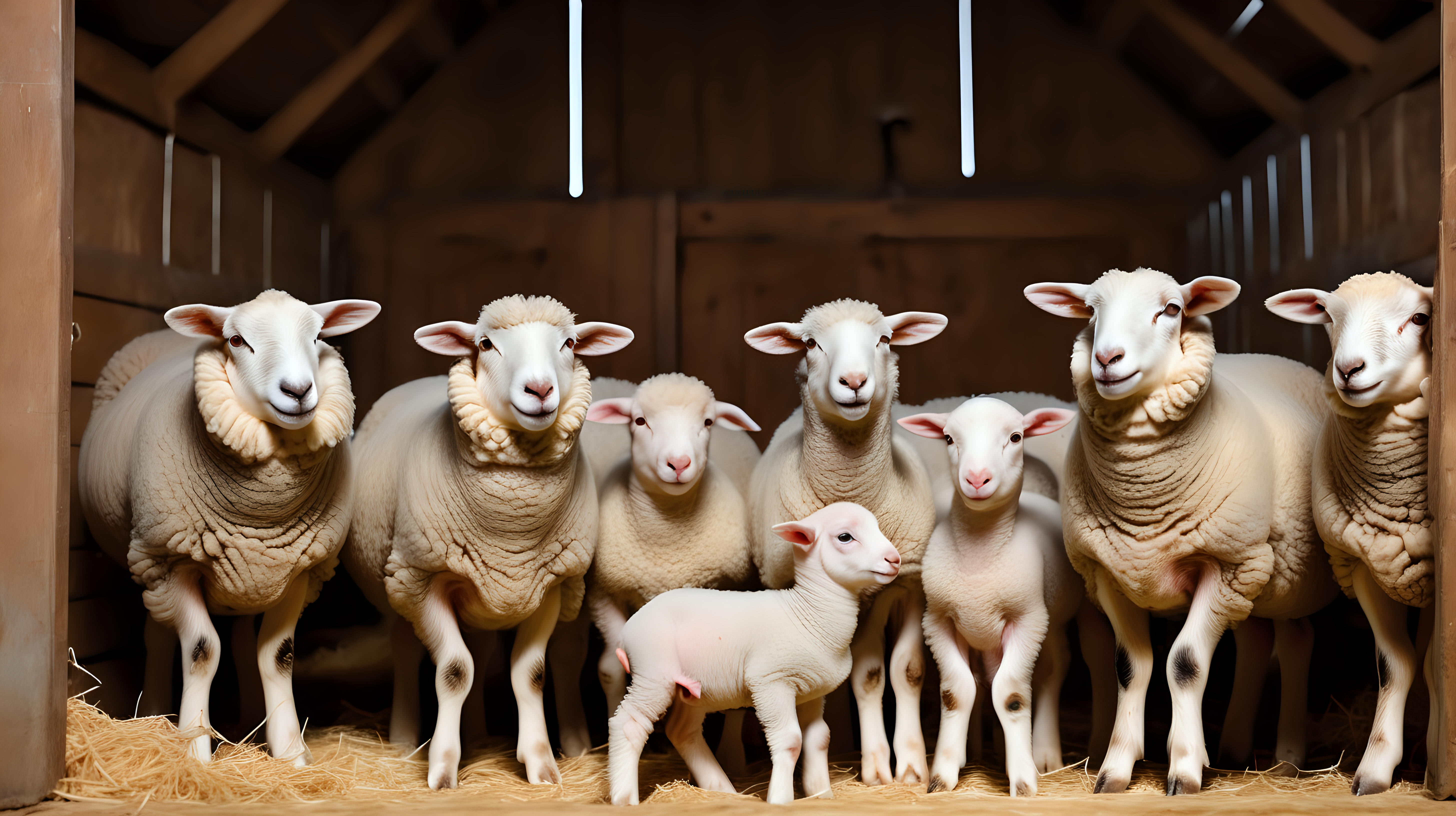 Sheep stable. Group of sheep domestic animals in barn feeding their lamb babies, isolated on background, photo shoot