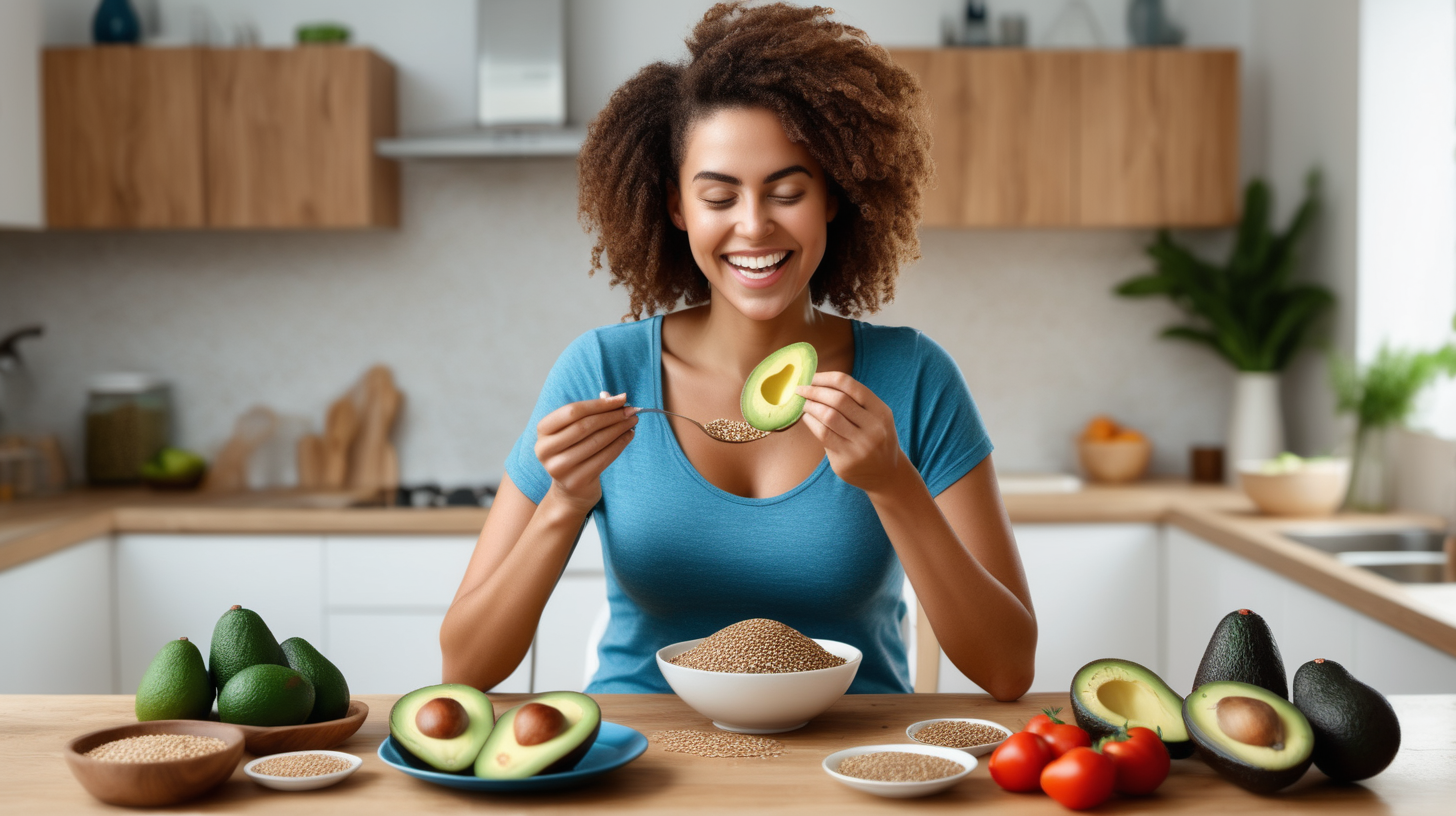 image of a woman wearing blue top happily eating a meal rich in cholesterol-lowering foods. Arrange avocados, flax seeds, and whole wheat prominently in the foreground. You could use color correction and filters to make the heart-healthy foods stand out and look appealing.