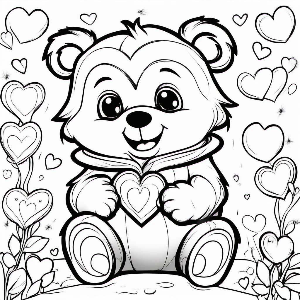 super Adorable little bear line art coloring book page, valentine hearts, black and white, sweet smile, character full body, so cute, excited, big bright eyes, shiny and fluffy,
fairytale, energetic, playful, incredibly high detail, 16k, octane rendering, gorgeous, ultra wide angle.