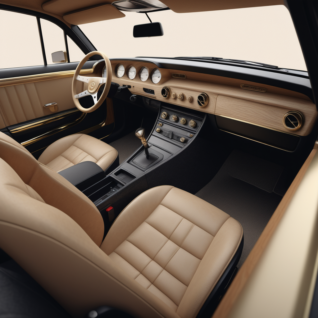 hyperrealistic image of a car interior in a beige, oak, brass and black colour palette