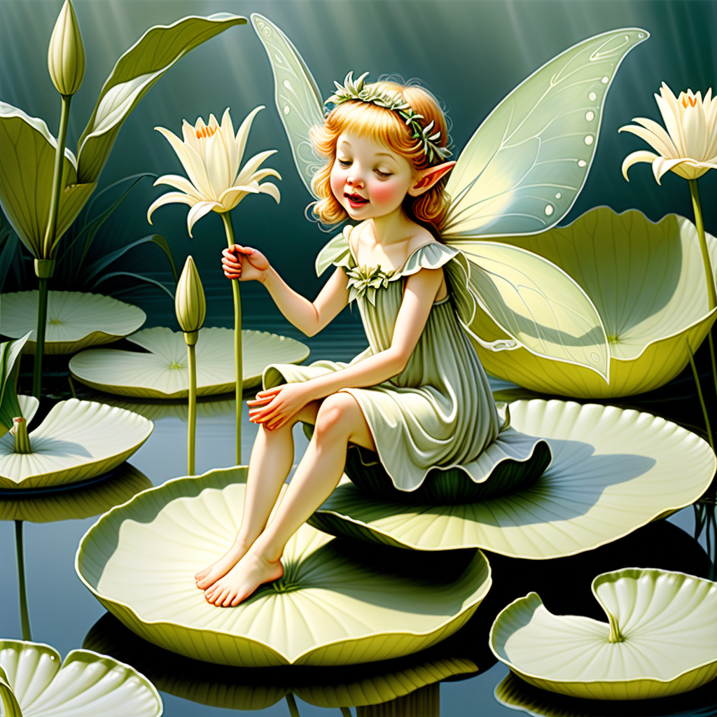 Imagine a fairy perched on a lily pad