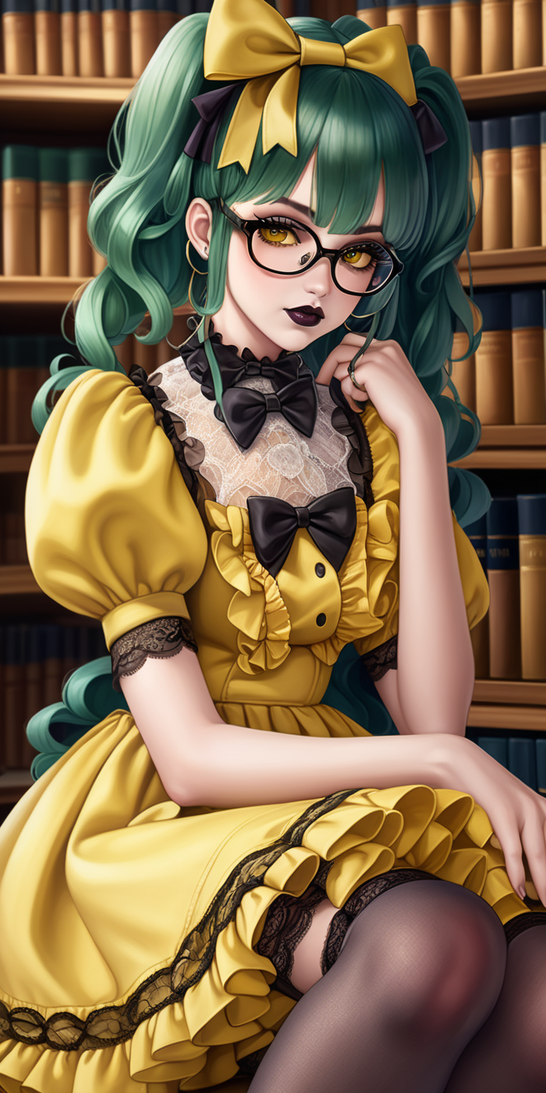 Anime woman with dark green hair and large lips with dark lipstick and heavy makeup wearing a frilly yellow dress, stockings, yellow heeled mary jane shoes, lots of bows and lace, wearing glasses. sitting in a library. Vacant expression, slight smile