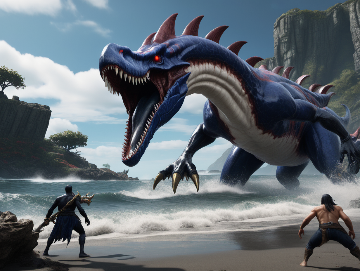 elden ring style boss fight against a suchomimus kyogre orca hybrid on a craggy beach