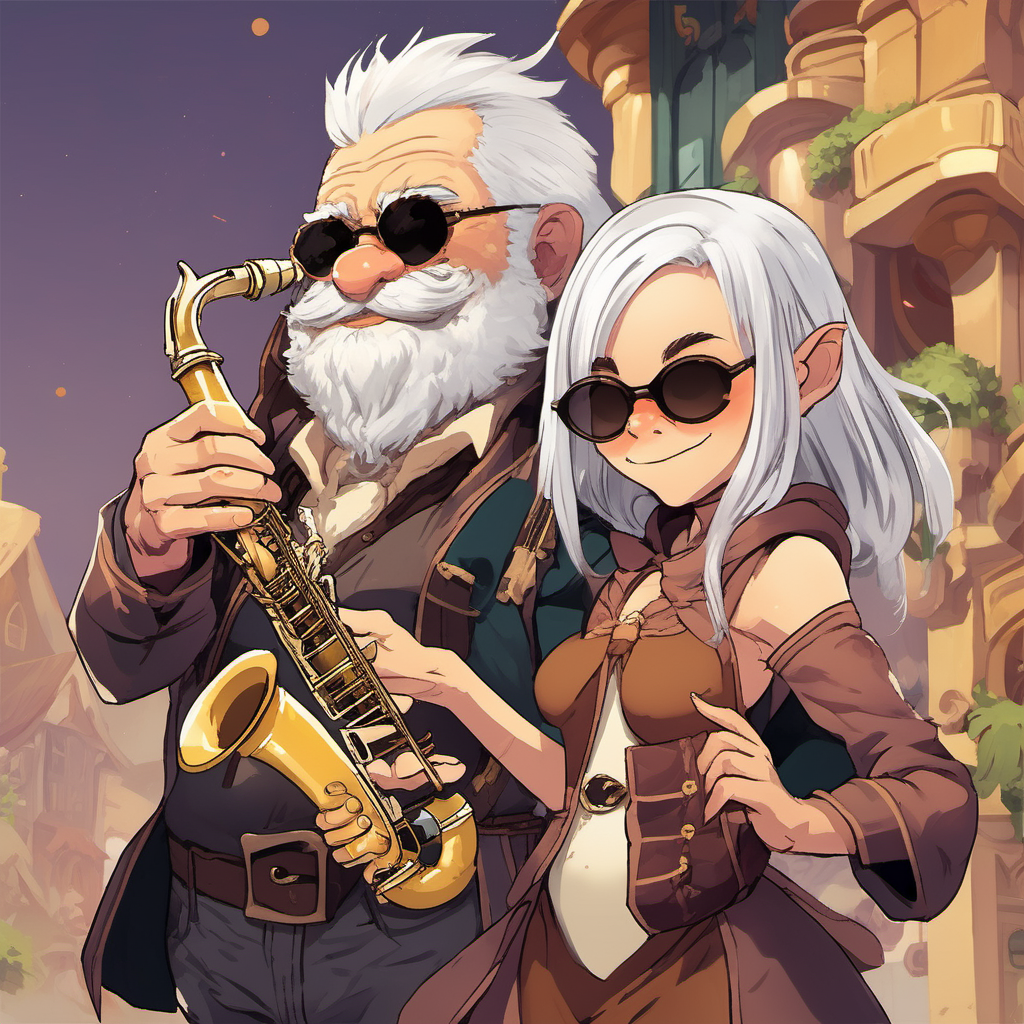 greedy halfling white hair and sunglasses holding a saxophone with a girl servant