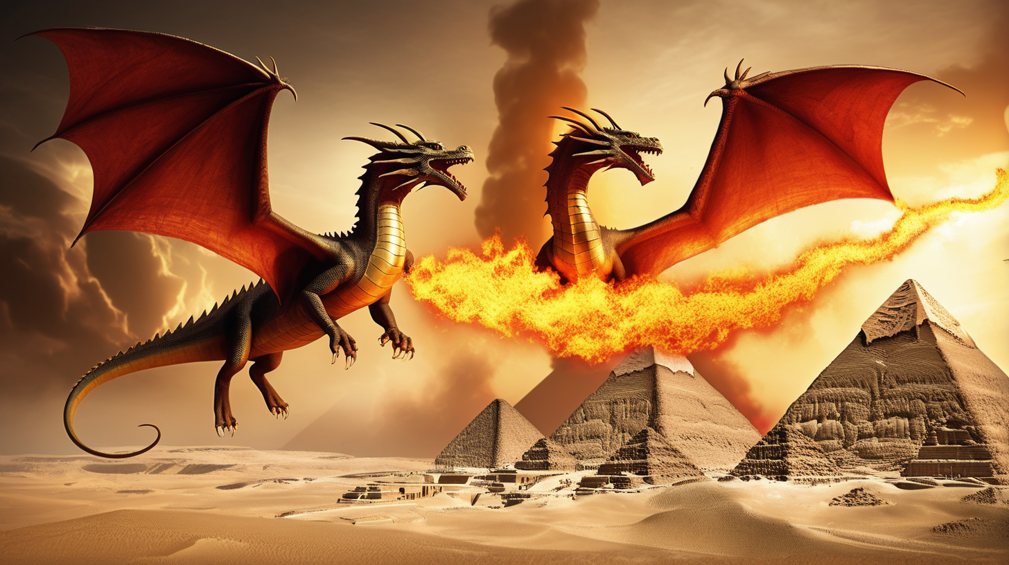 Fire breathing dragons hovering over ancient Egypt