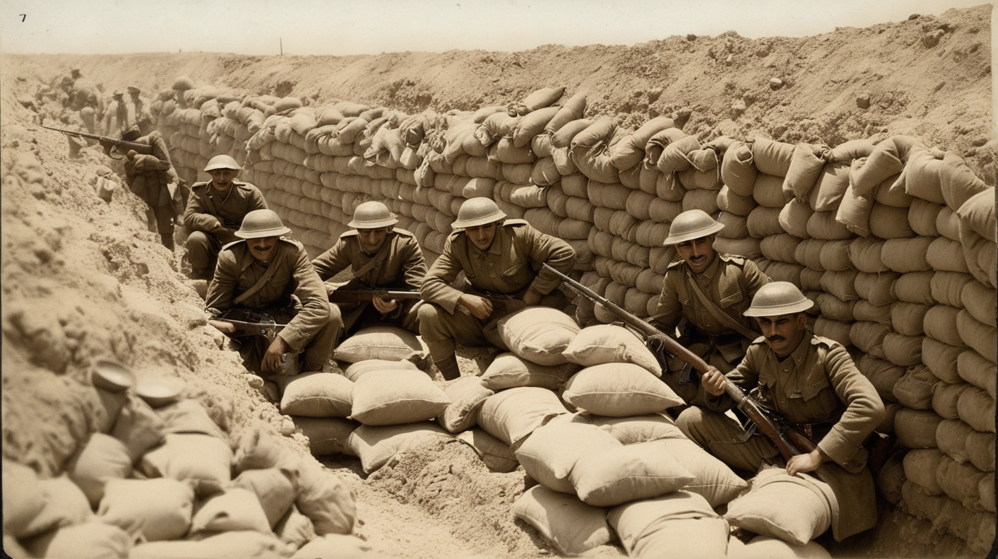  turkish soldiers in trench, men with rifles beersheba, palstine. sandbags 
1917
