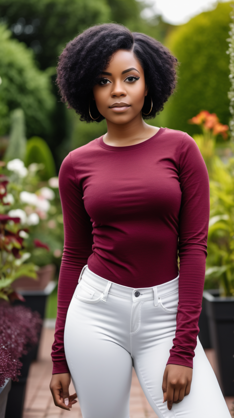 Pretty Black woman with short black hair, wearing a burgundy, long sleeve t-shirt, wearing white jeggings, standing near a outdoor garden, 4k, high definition, 1080 p resolution