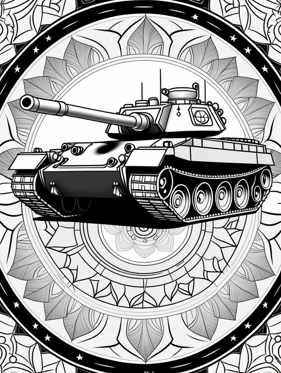 military tank inspired mandala pattern, black and white, fit to page, children's coloring book, coloring book page, clean line art, line art, no bleed