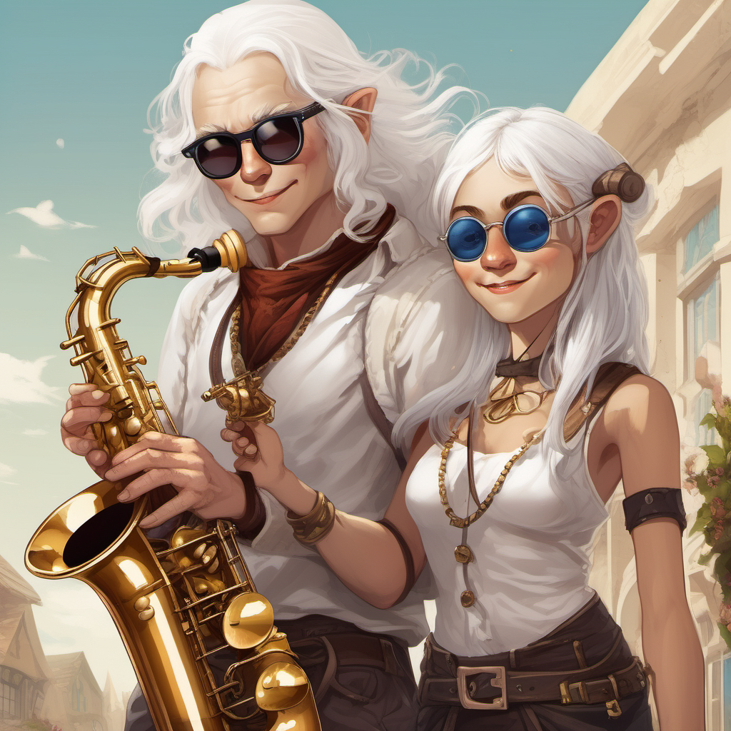 young greedy halfling white hair and sunglasses missing finger holding a saxophone with a hot girl servant