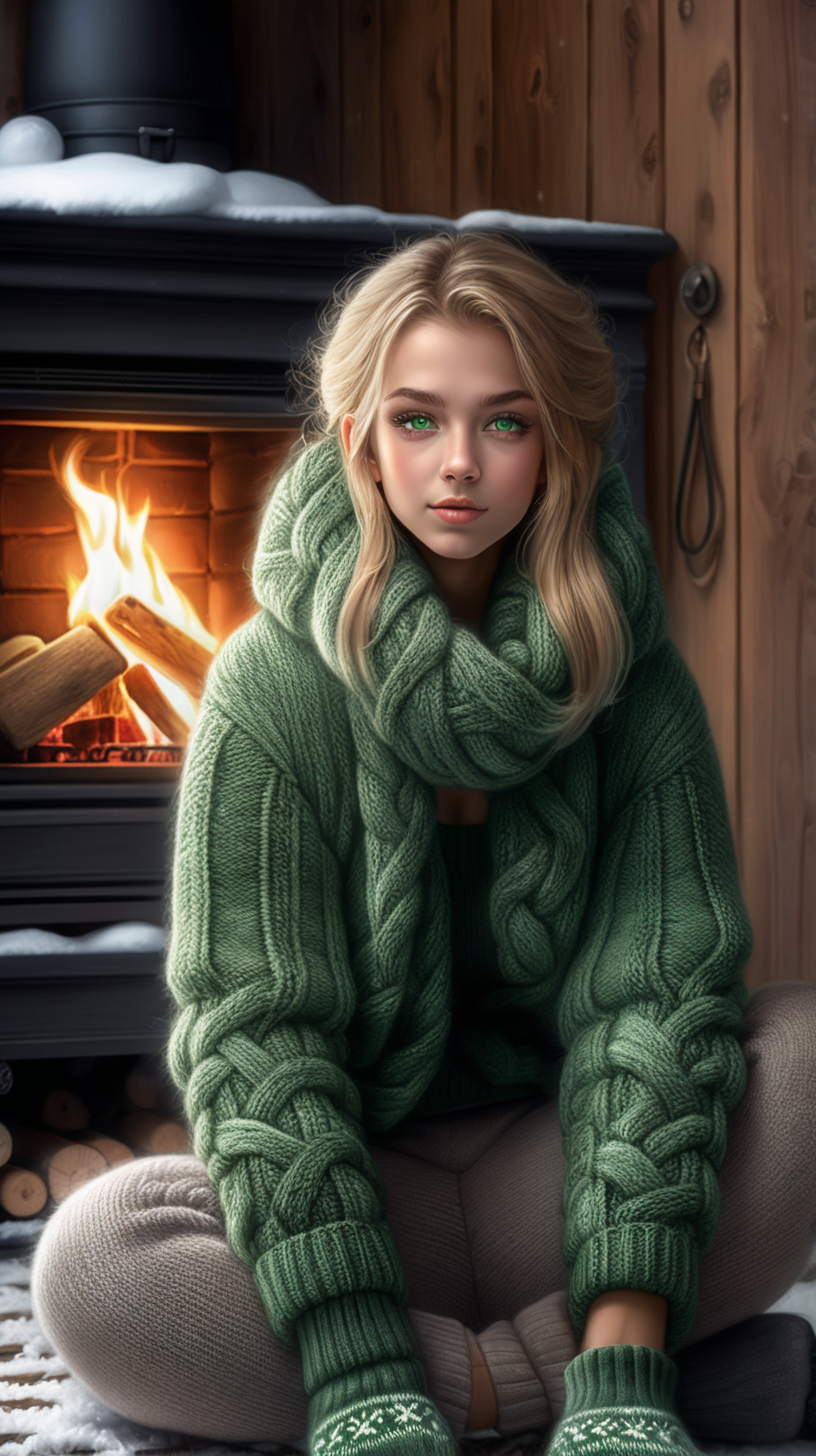 Dark night, cold and snowy winter ouside.Inside house hand knitted woolen rugs on the floor. Hot 30 years blonde girl with green eyes wearing sweatshirts, hoodies, warm long trousers or extra thick tights, and thermal underwear. A long, warm coat is highly recommended. She is sitting on the floor in old Russian wooden country house with big fire place inside. Not only will keep it insulated from the cold, but if you slip on the ice it will cushion you and protect your clothes. And of course, it goes without saying that you must bring a hat, scarf and gloves. Ideally, very warm gloves, a fur or wool hat which covers her ears, and a scarf which can be wrapped around her face as well.Wearing warm pair of waterproof shoes. Wearing warm hand knitted socks, preferably those sold in hiking/outdoor shops.


