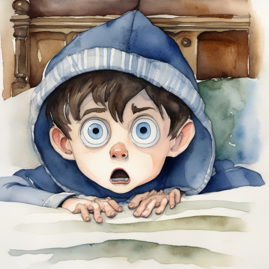 A water Colour painting of a frightened boy pixie, young, darkhaired, blue eyed wearing an acorn hat looking out from underneath a bed

