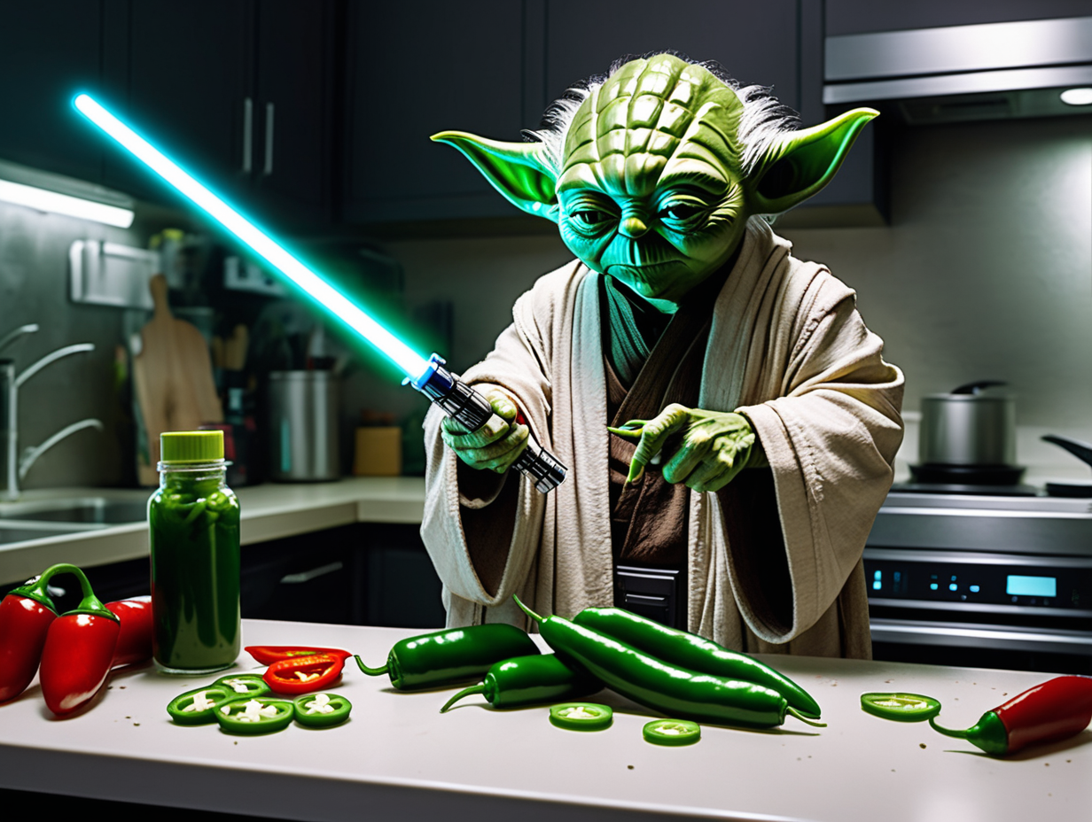 Yoda cutting jalapenos with lightsaber inside cyberpunk kitchen
