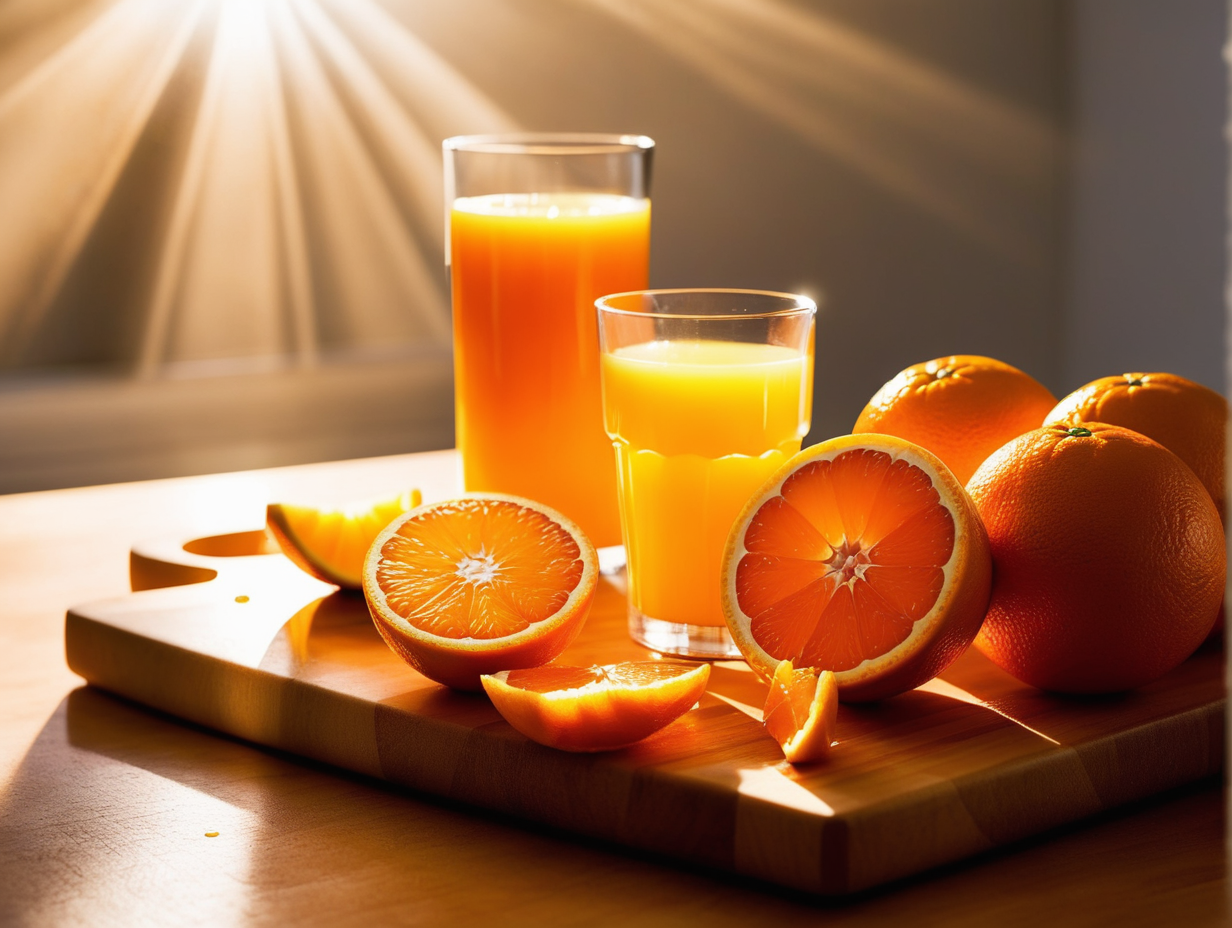 cut up oranges on a cutting board with light shining through orange next to a glass of orange juice