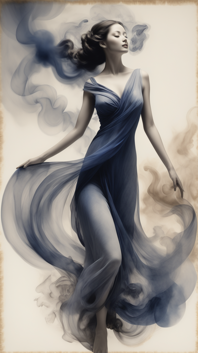 a woman's form floating across an image with smoke, in the style of ink wash paintings, graceful curves, light gray and indigo, intricate costumes, soft and airy compositions, flowing forms, light black and bronze --ar 68:128 --stylize 750 --v 5. 2