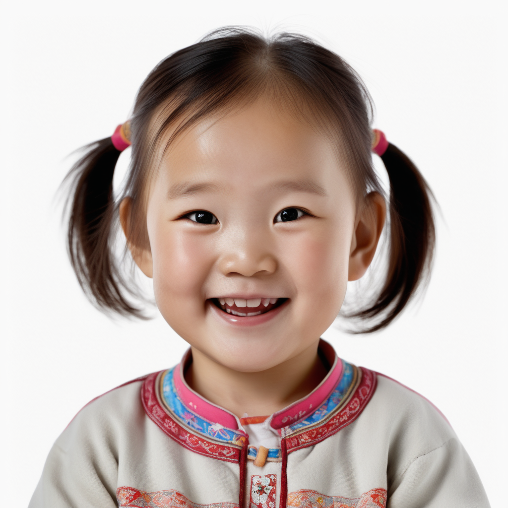 bílé pozadí_reálná tvář_dítě 3 roky_ holka_Mongolsko_charakteristický vzhled_bez čepice_usmívají se_je vidět celá hlava