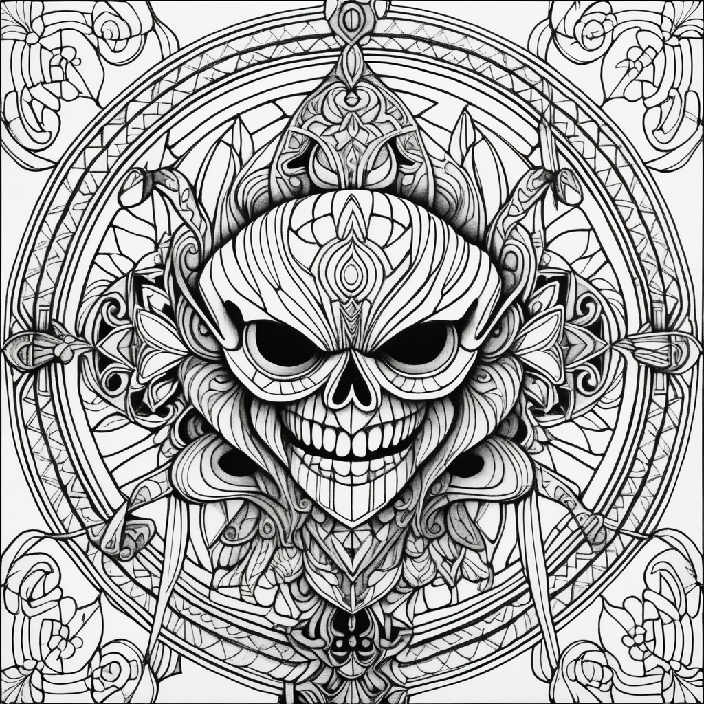 adult coloring page, black & white, strong lines, high details, symmetrical mandala, evil gothic marionette