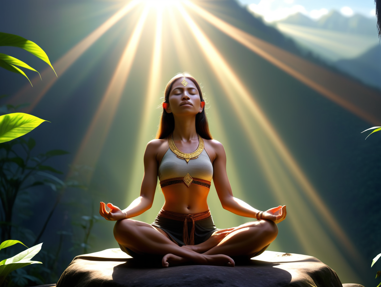 high in the mountains a beatiful amazon girl meditates.rays of the sun light in the distance and deeply visible she is calmer 
