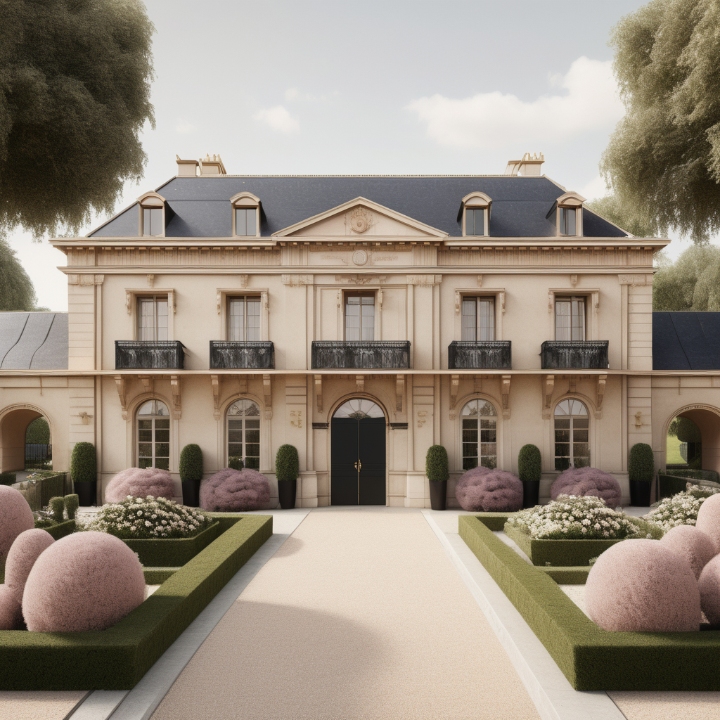A hyperrealistic image of a palatial modern Parisian horse stables building viewed from the outside in a beige oak brass colour palette with accents of black and dusty rose, with an adjoined veranda covered in star jasmine, and beautiful garden beds and sprawling lawns around it
