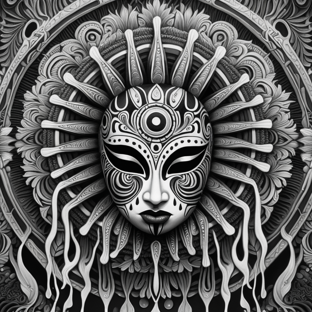 black & white, high details, symmetrical mandala, strong lines, frowning face mask that is melting, dripping