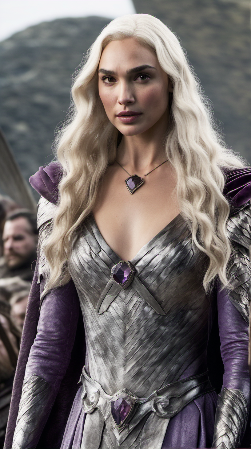 Gal Gadot, with long platinum blonde hair, wearing an amethyst, long-sleeved gown in Game of Thrones.