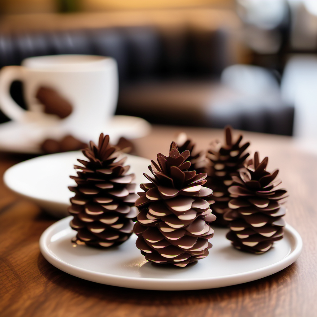 generate a sweet that looks similar to a almond pine cone, where the pine scales is made up of sliced almonds and fully covered with thick rugged surface chocolate, placed on a white plate over a brown table in a cafe