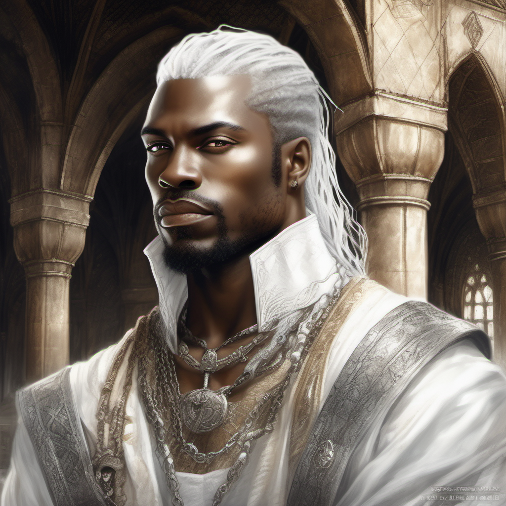 genera un retrato, estilo Luis Royo, de un príncipe medieval africano, treinta años, pelo blanco, barba blanca, musculoso, vestidura lujosa, de fondo un salón de palacio




