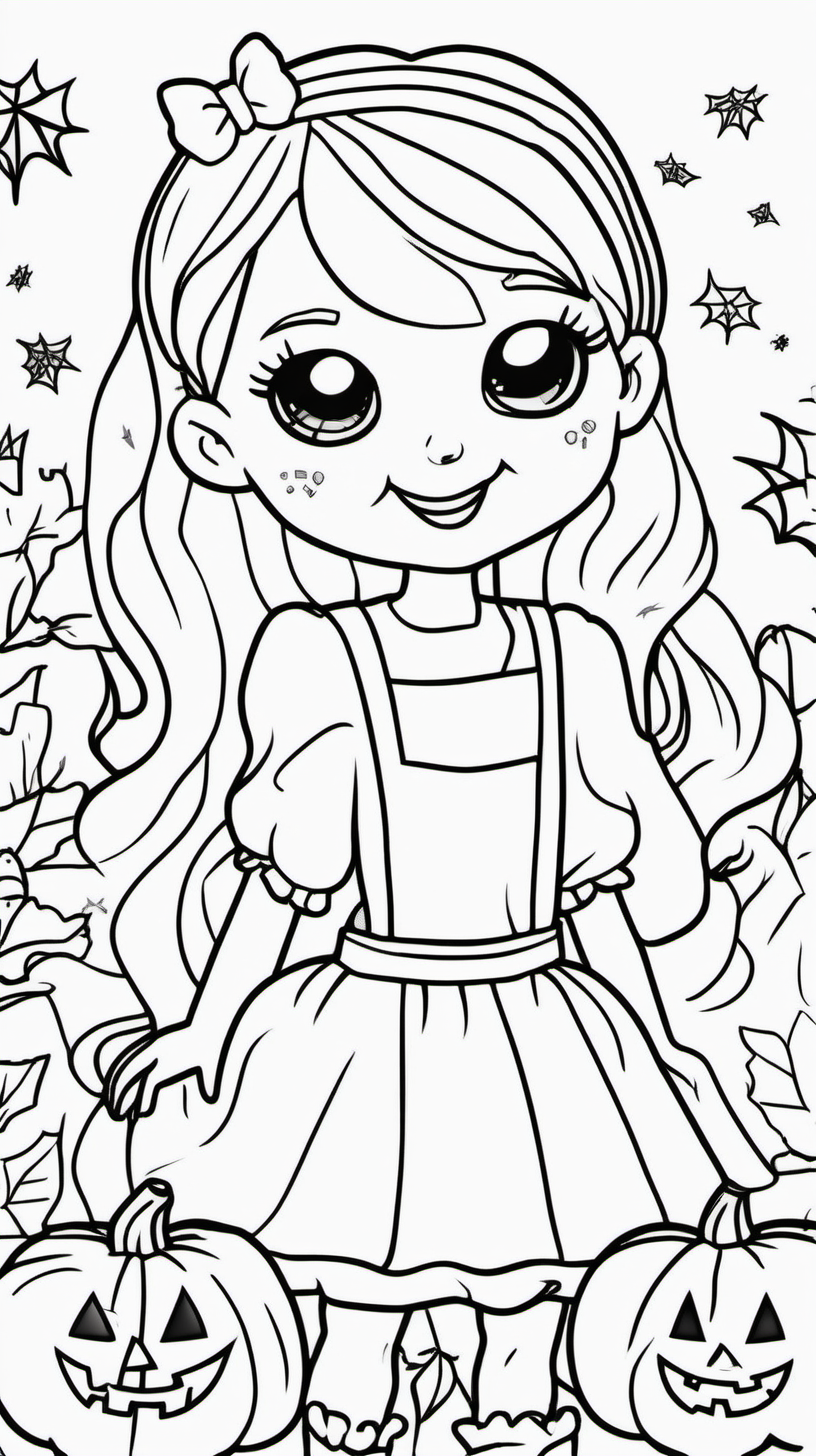 A children's coloring book about a white girl holding a doll and a girl celebrating Halloween happily. 80 pages. The background is in white color and without shadow and the black drawing is a fine line.