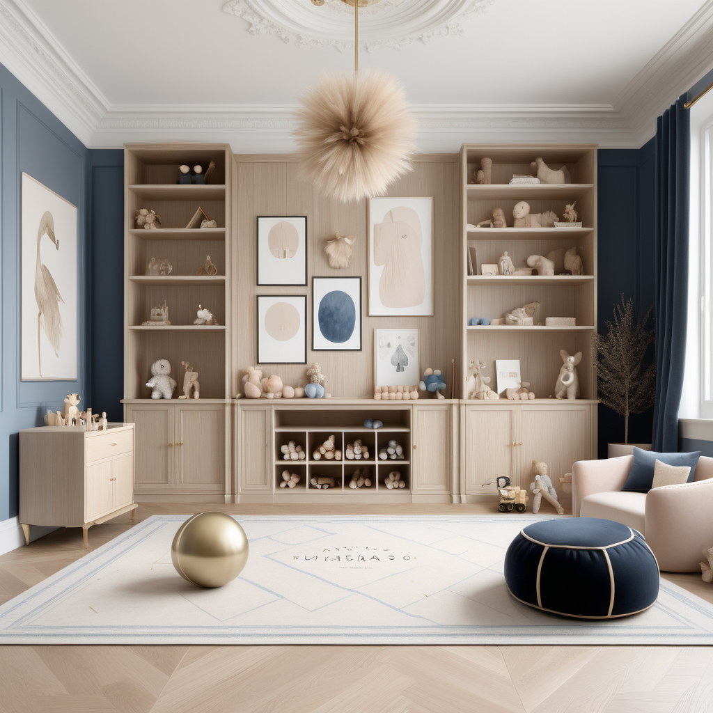 A hyperrealistic image of a luxurious modern Parisian Montessori-inspired play room in a beige oak brass colour palette with accents of black and soft muted blue
