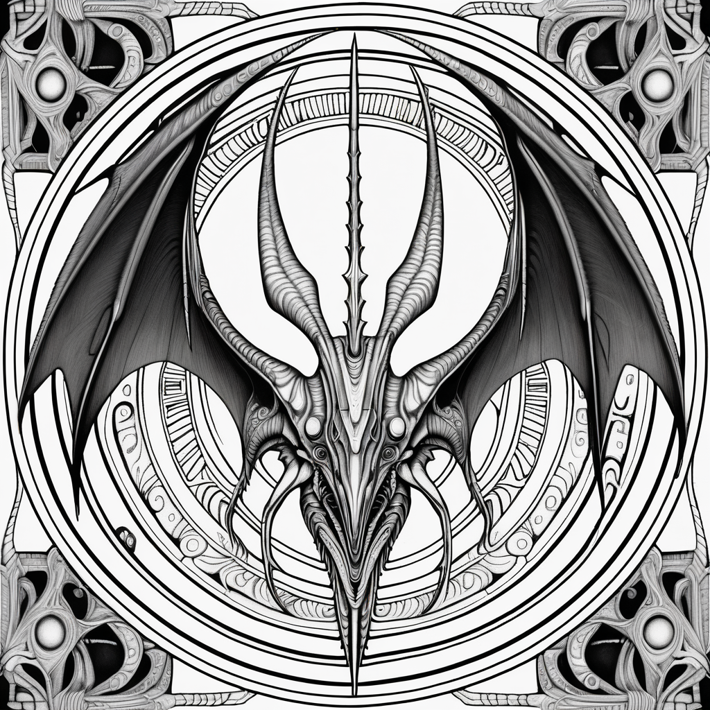 black & white, coloring page, high details, symmetrical mandala, strong lines, pteradon with many eyes in style of H.R Giger