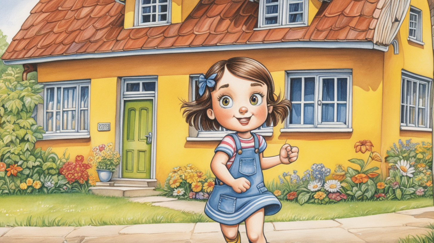 young cartoon girl in front of a colorful house looking confused