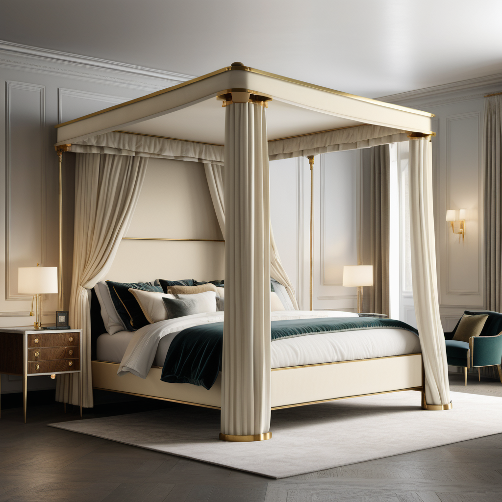 a hyperrealistic image of a velvet modern Parisian  king bed with canopy in ivory, oak and brass 
