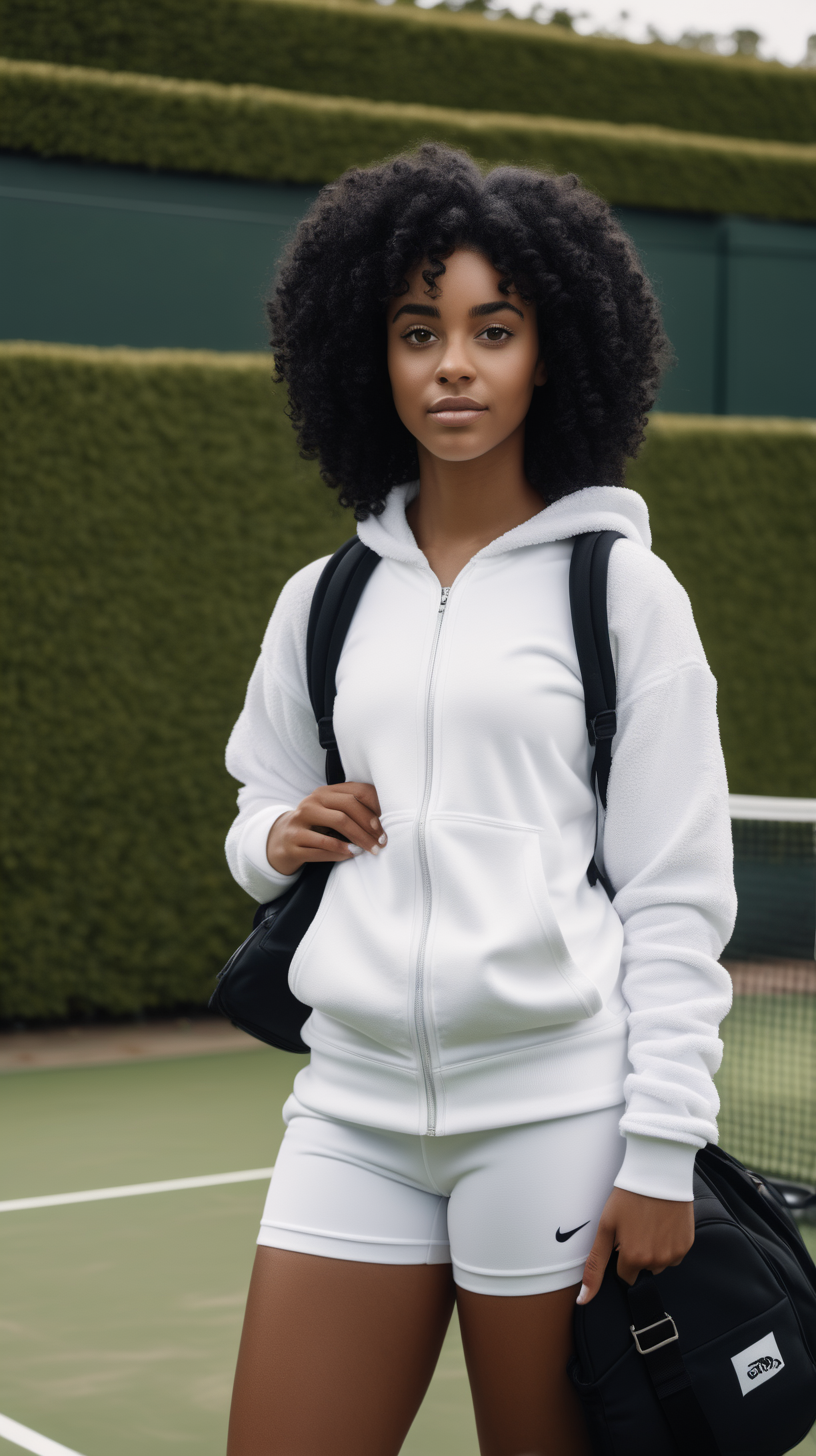 Pretty Black woman with curly, black hair, wearing a White, Terry cloth, tennis outfit, carrying a black, duffle bag, standing near an outdoor tennis garden, 4k, high definition, 1080 p resolution