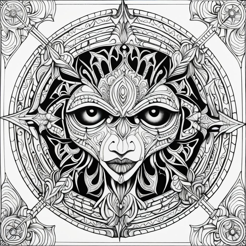 adult coloring page, black & white, strong lines, high details, symmetrical mandala, evil gothic marionette