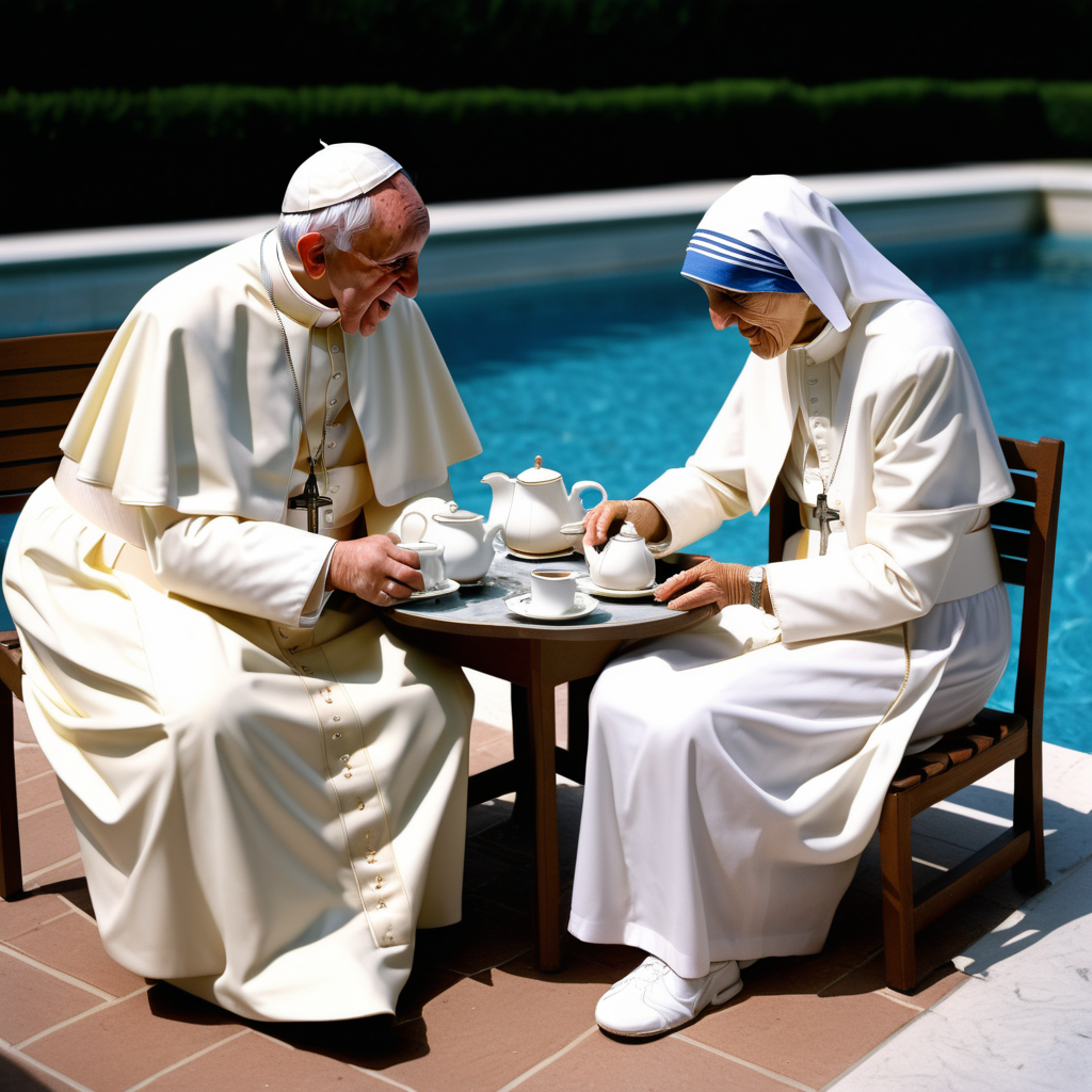 Pope and Mother Teresa have tea by the pool