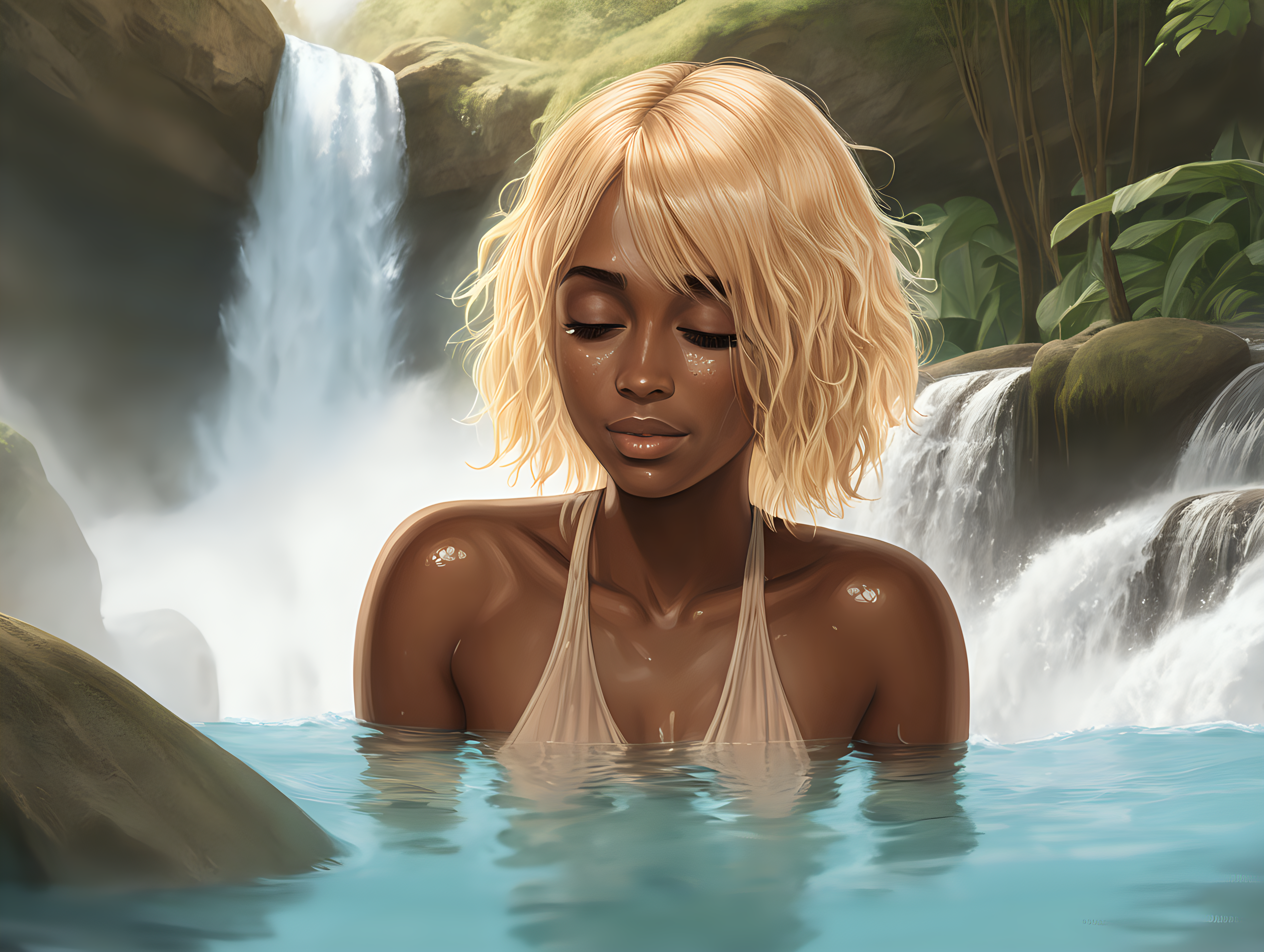 Woman with blonde hair and brown skin bathing