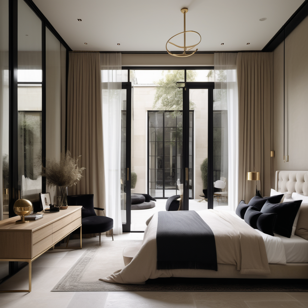 hyperrealistic of an elegant modern Parisian Master Bedroom; large glass doors opening to the private courtyard with garden beds; vanity table; kind bed; floor to ceiling windows ; curtains; mood lighting;  Limestone flooring; beige, oak, brass and accents of black colour palette; modern brass pendant light
