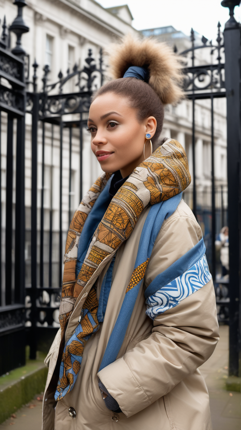 A beautiful, light skinned woman, wearing a ponytail, wearing an African printed scarf, wearing a Beige, Levi denim jacket reimagined into a three quarter length, down filled parka, with brown fur shawl collar, African printed fabric inserted in various places, show Front, Back, and Side views with stainless buttons, standing at the Palace gates in London, with grey and blue shades and hues in the background