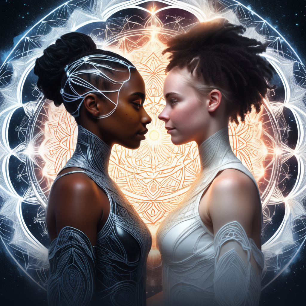 book cover design for a sci-fi story about love between a white young adult woman and a young black woman in the middle of a mandala made of glowing threads of fate